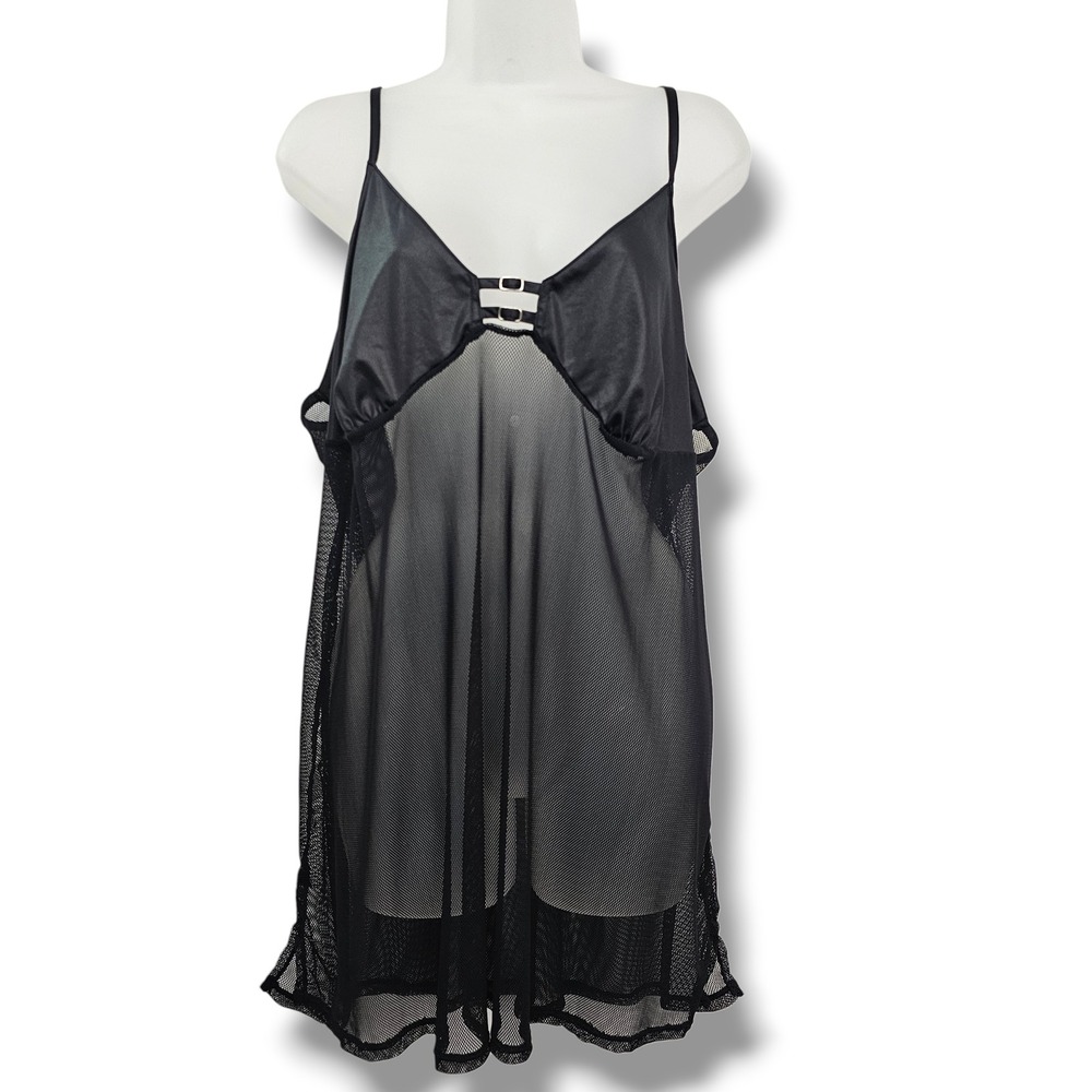 Cacique Sexy Sensual Black Slip Dress Mesh Satin Babydoll‎ Lingerie Whimsigoth